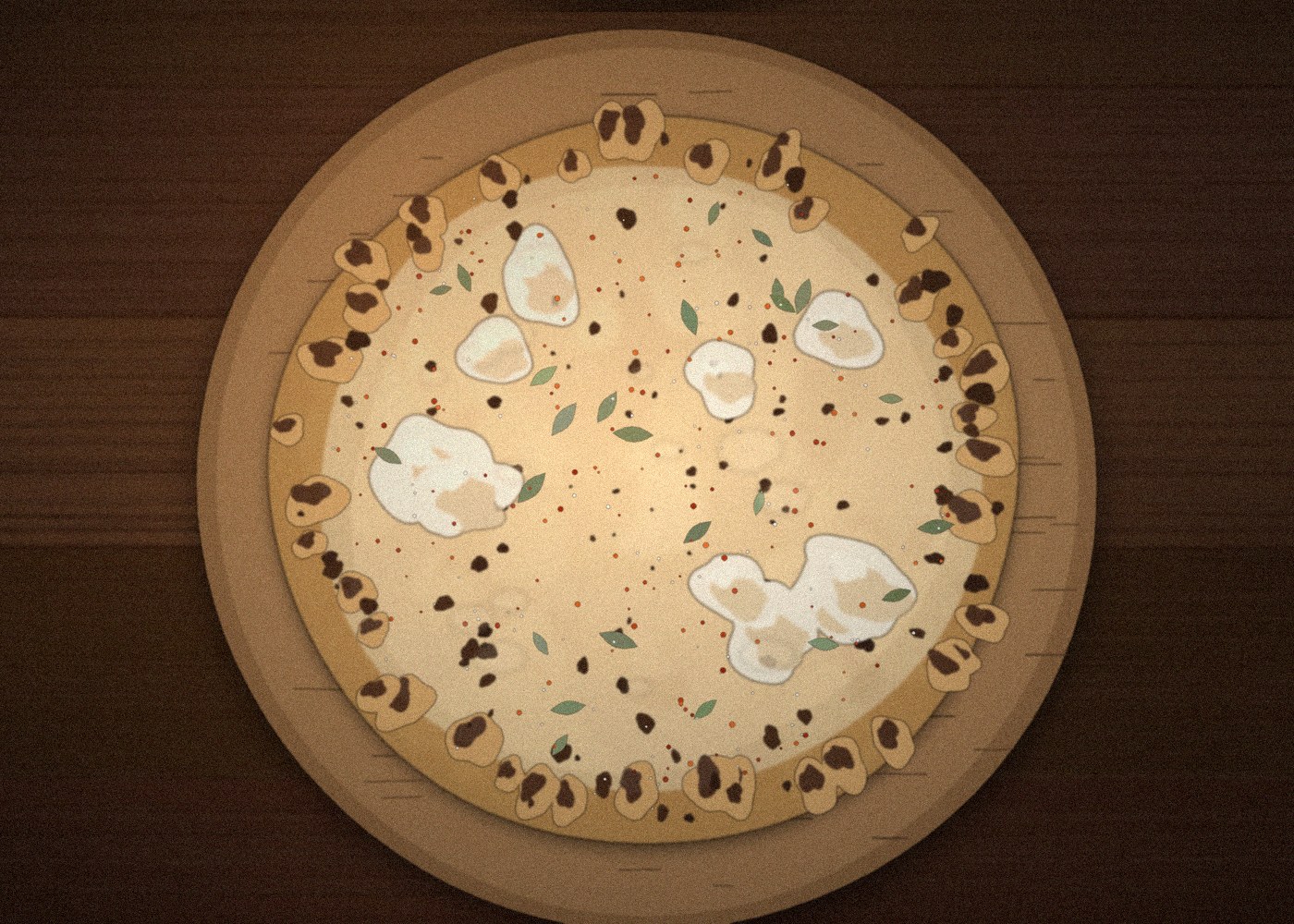 A blistered hearth flatbread on a round wooden board, molten cheese, herbs and chilli