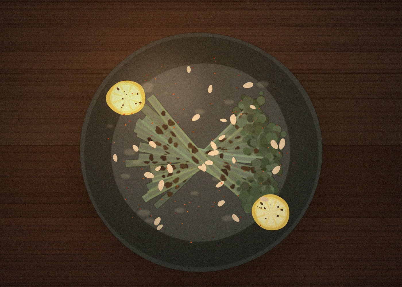 Charred greens fanned across a dark ceramic plate with burnt lemon and toasted almonds