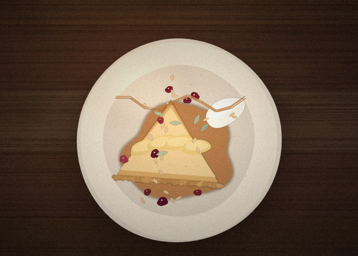 A wedge of pear and almond tart with a quenelle of cream, berries and caramel