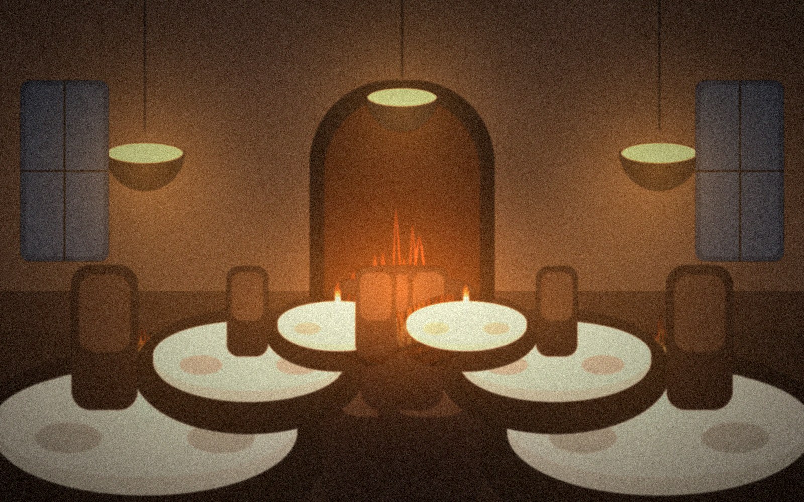 The dining room at night, pendant lamps, candlelit tables and the glowing kitchen arch