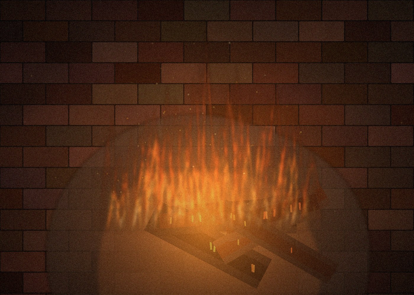 Oak logs burning down to embers inside the brick hearth