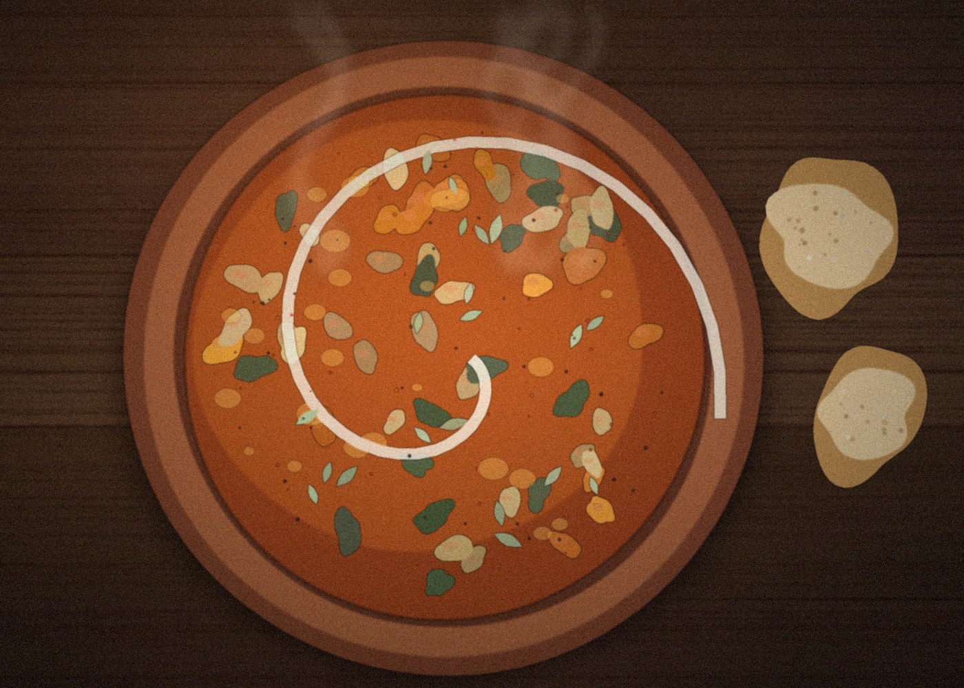 A clay bowl of fire-baked bean stew with herbs, cream and torn bread alongside