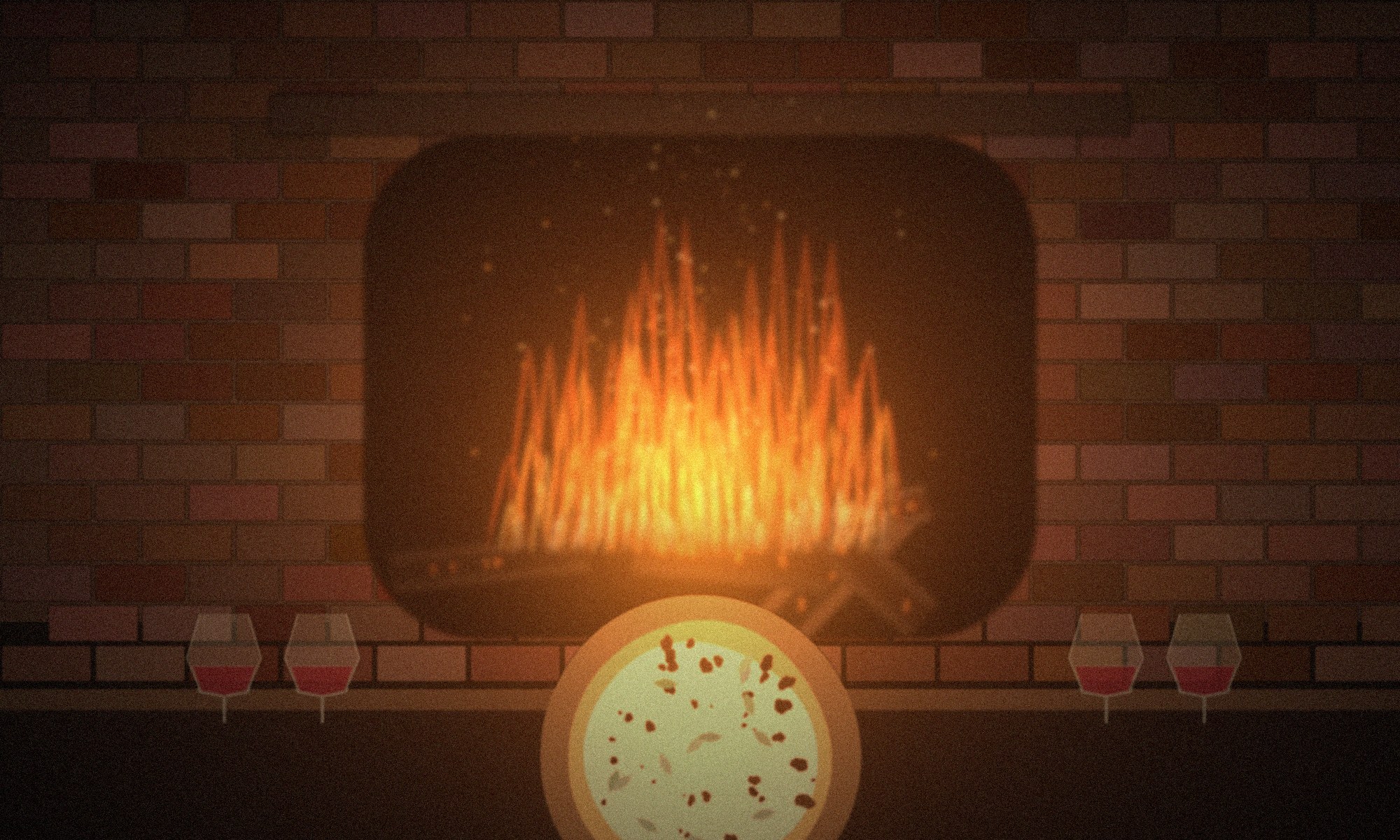 The open hearth at Ember and Sage, logs burning behind a long table set with glasses and a flatbread