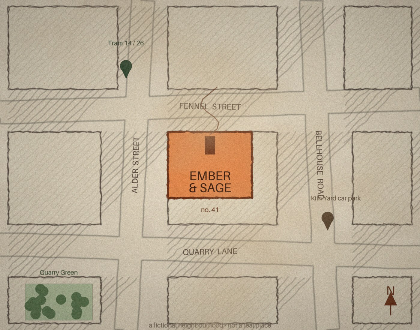 Hand-drawn block plan of the fictional Old Kiln Quarter showing Ember and Sage on the corner of Alder and Fennel streets, with the tram stop, Kiln Yard car park and Quarry Green marked