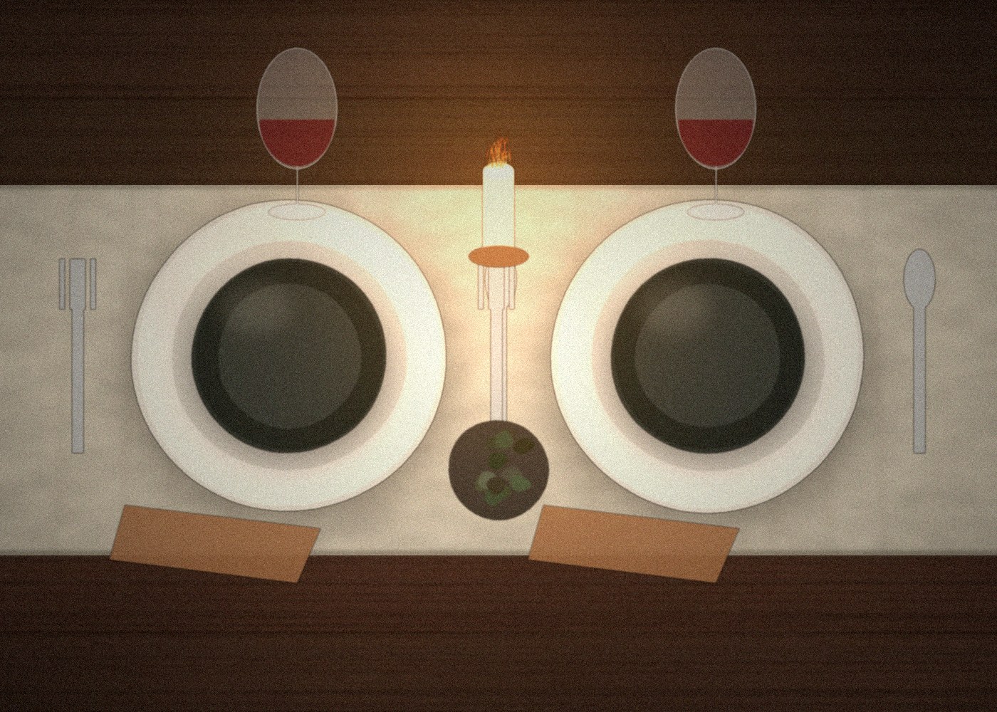 A table set for two on linen with candlelight, wine glasses and small dishes